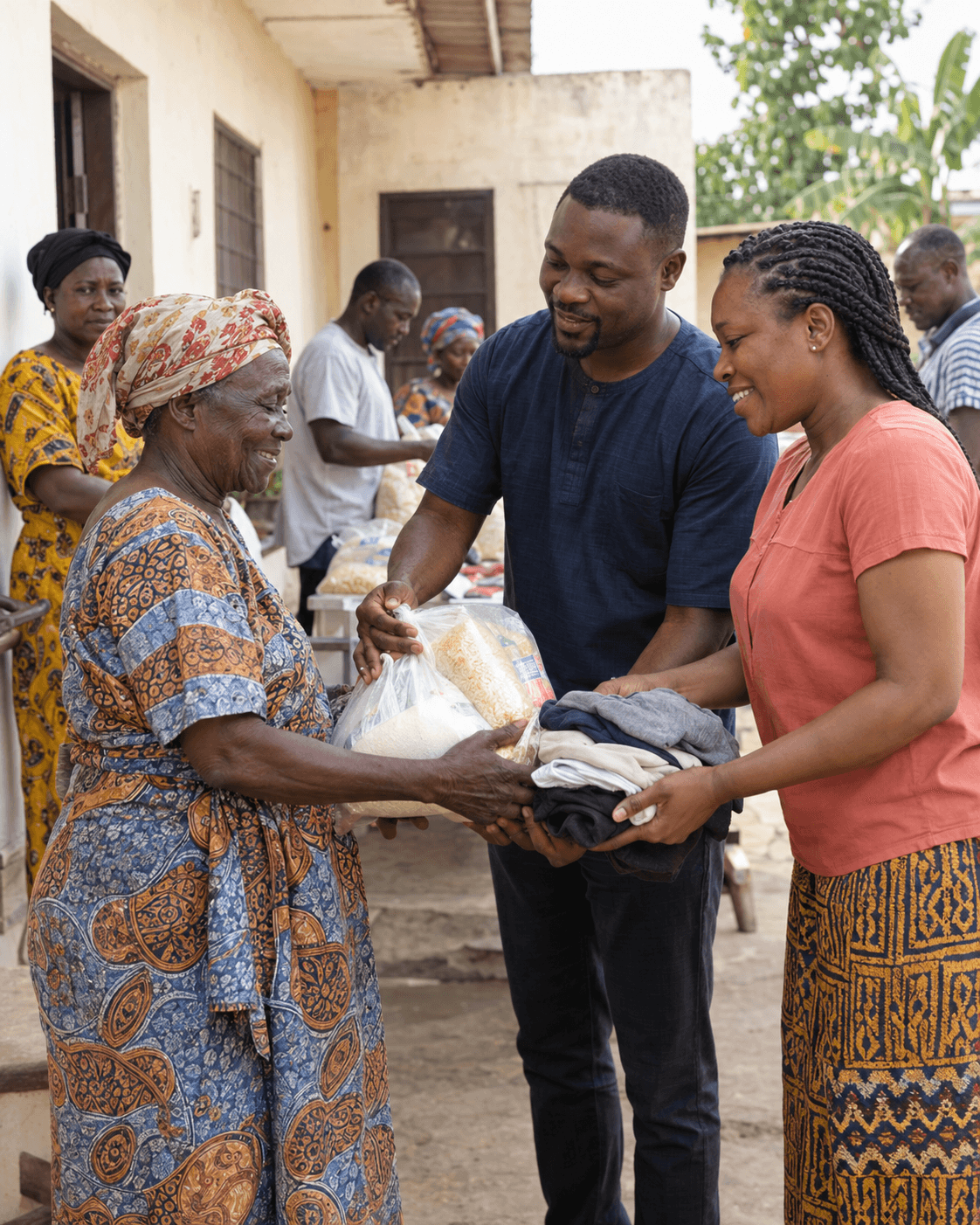 Ghanaian ministry volunteers giving food provisions and clothing to an older woman